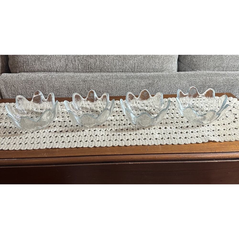 Vintage Blenko Glass Clear Textured Lotus Bowls 8 Petal MCM Set of 4 1960s